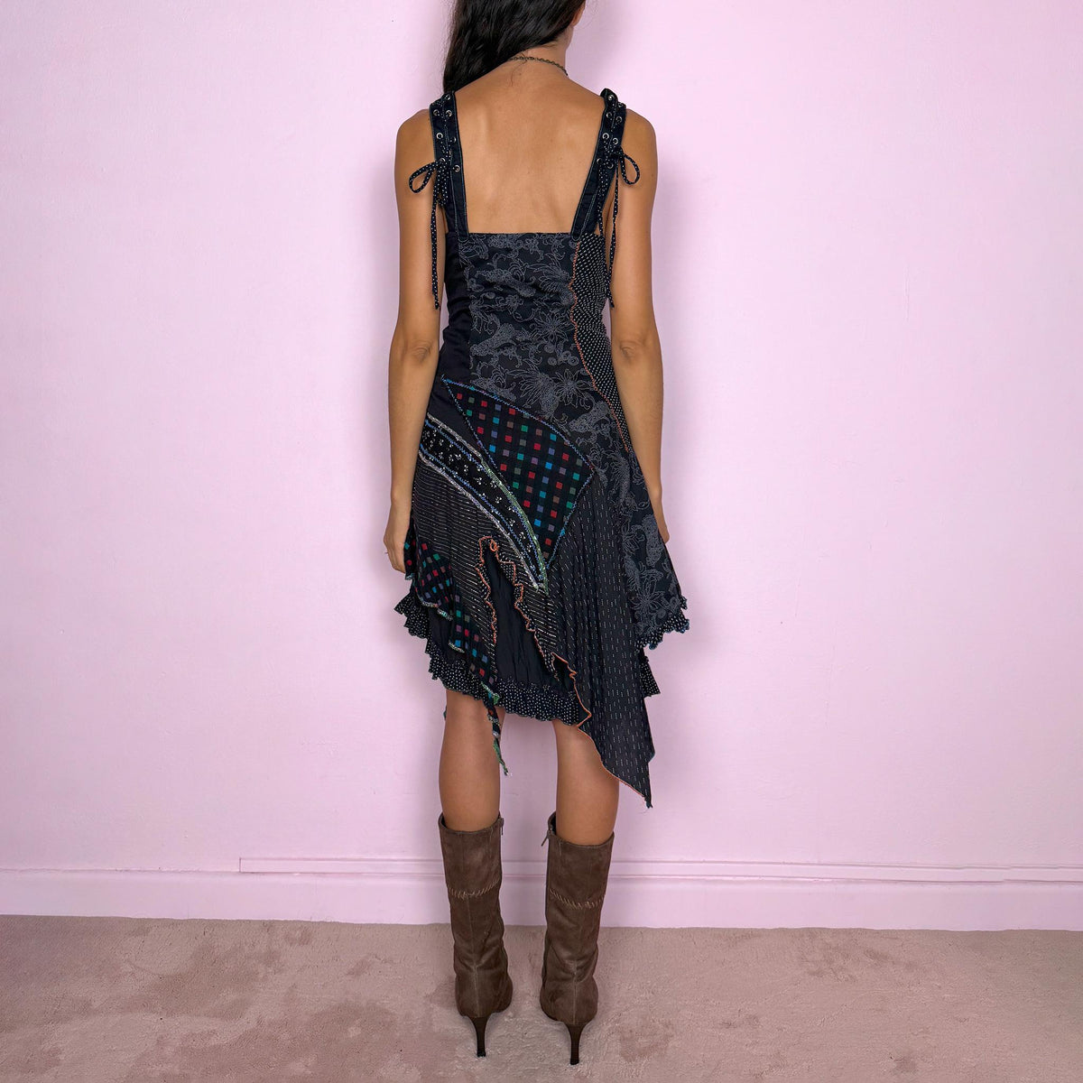 Vintage Black Midi Dress Patchwork Lace Up Deconstructed Y2K 2000s Size M