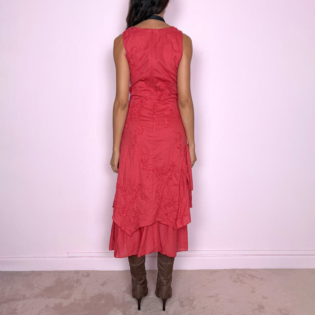 Vintage Red Midi Dress Embroidered Layered Deconstructed Boho Y2K 2000s Size S