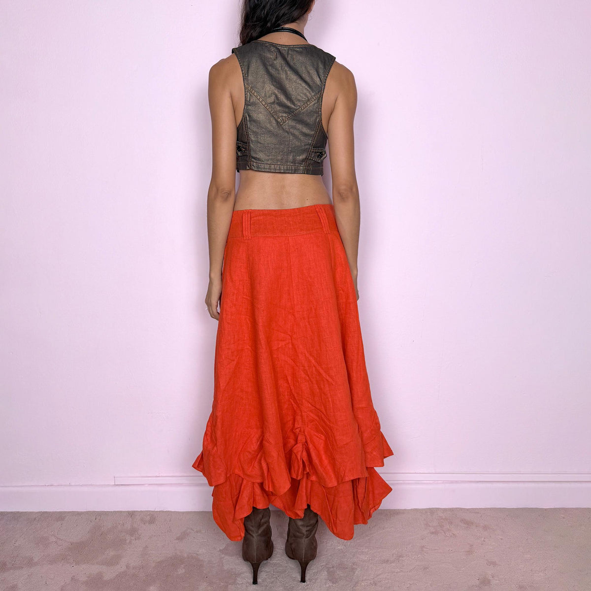 Vintage Red Midi Skirt Linen Layered Deconstructed Y2K 2000s Size S