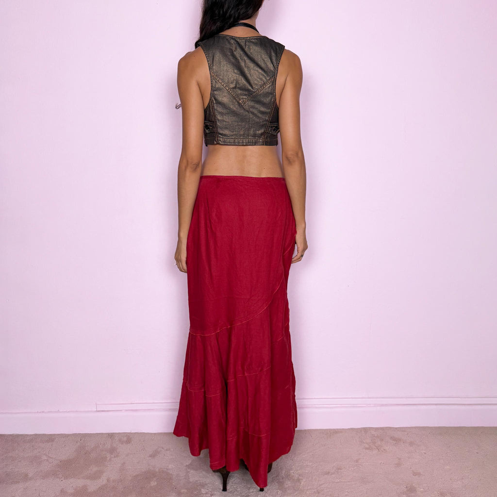 Vintage Red Midi Skirt Linen Tiered Flared Y2K 2000s Size M