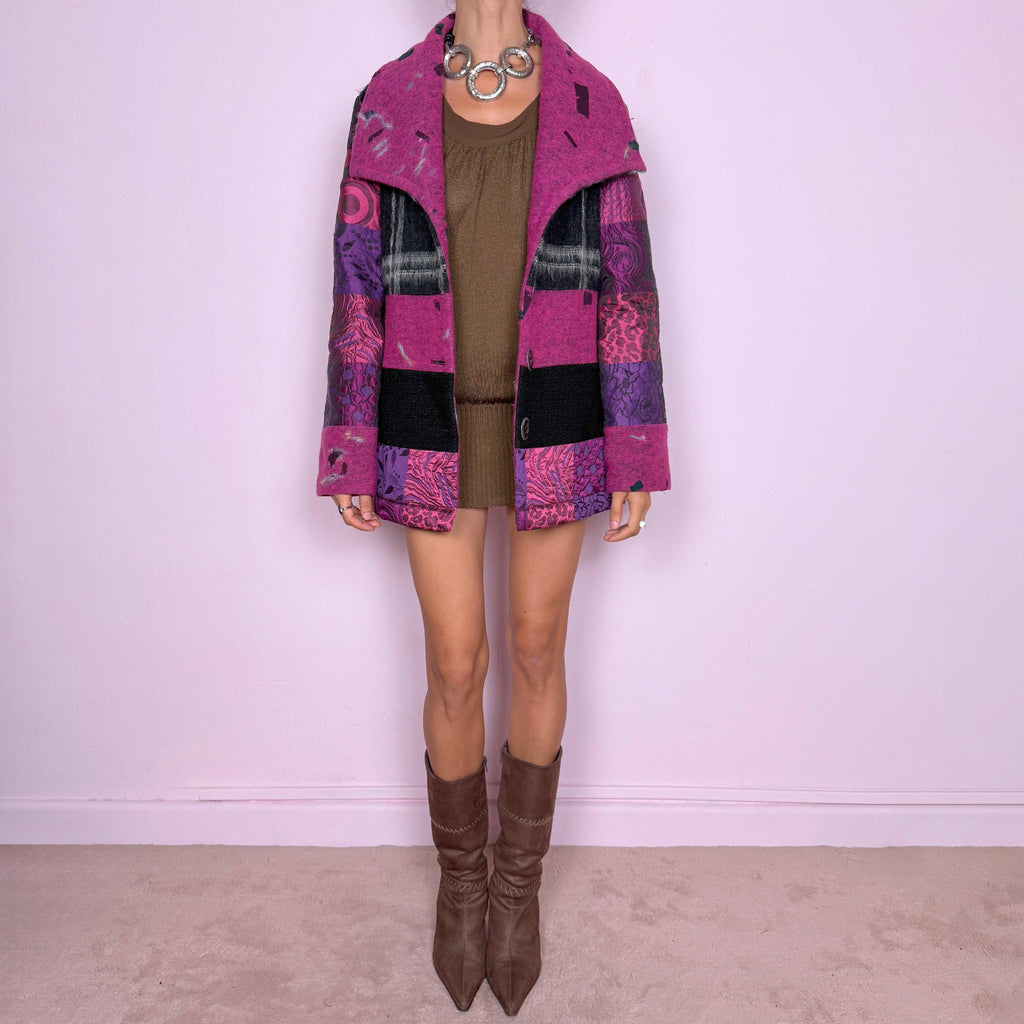 Vintage Wool Jacket Save the Queen Pink Purple Patchwork Y2K 2000s Size M