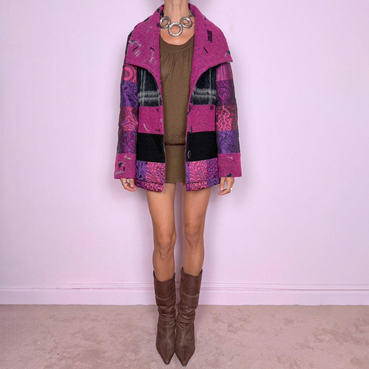 Vintage Wool Jacket Save the Queen Pink Purple Patchwork Y2K 2000s Size M
