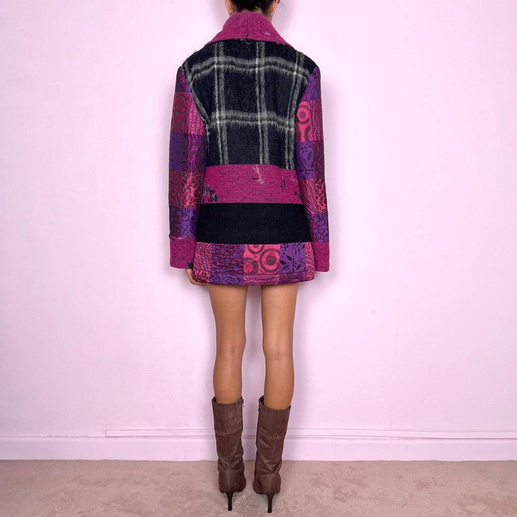 Vintage Wool Jacket Save the Queen Pink Purple Patchwork Y2K 2000s Size M