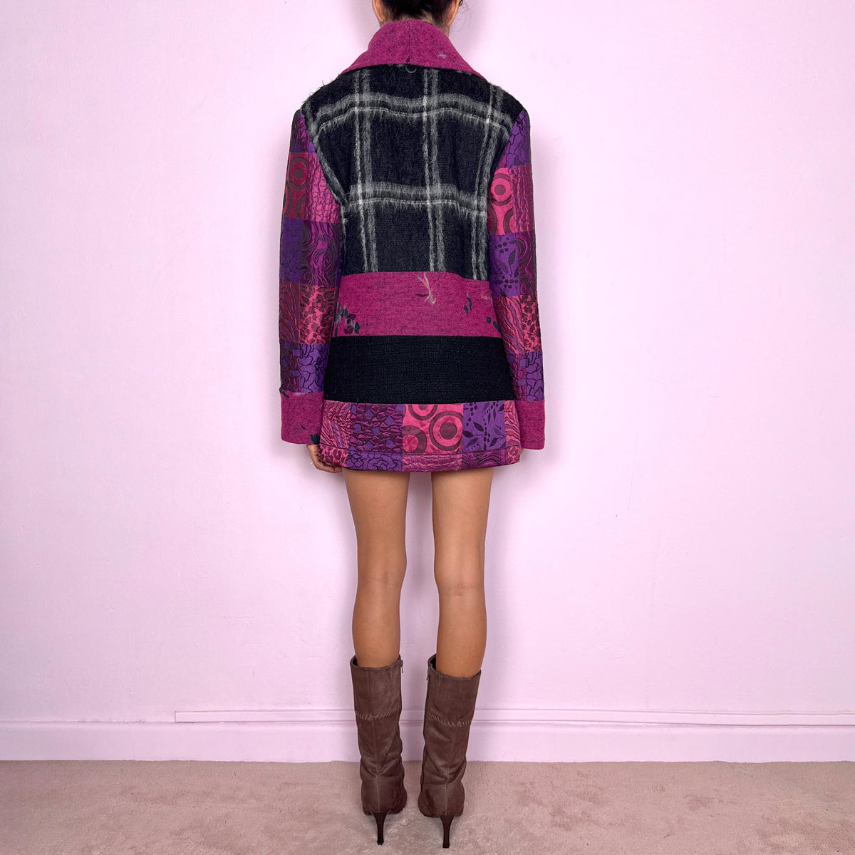 Vintage Wool Jacket Save the Queen Pink Purple Patchwork Y2K 2000s Size M