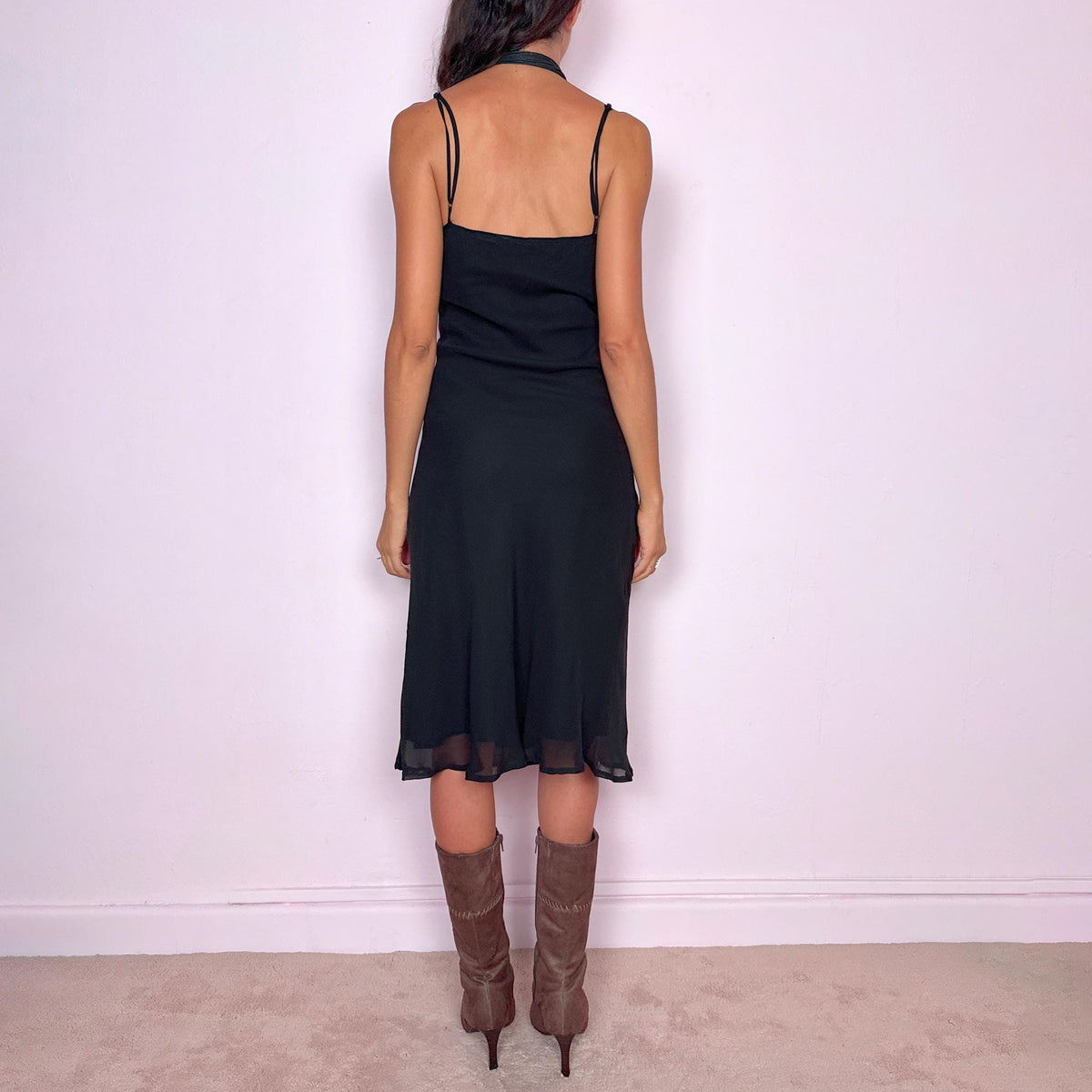 Vintage Black Midi Dress Silk Sequin Slip Evening Y2K 2000s Size M
