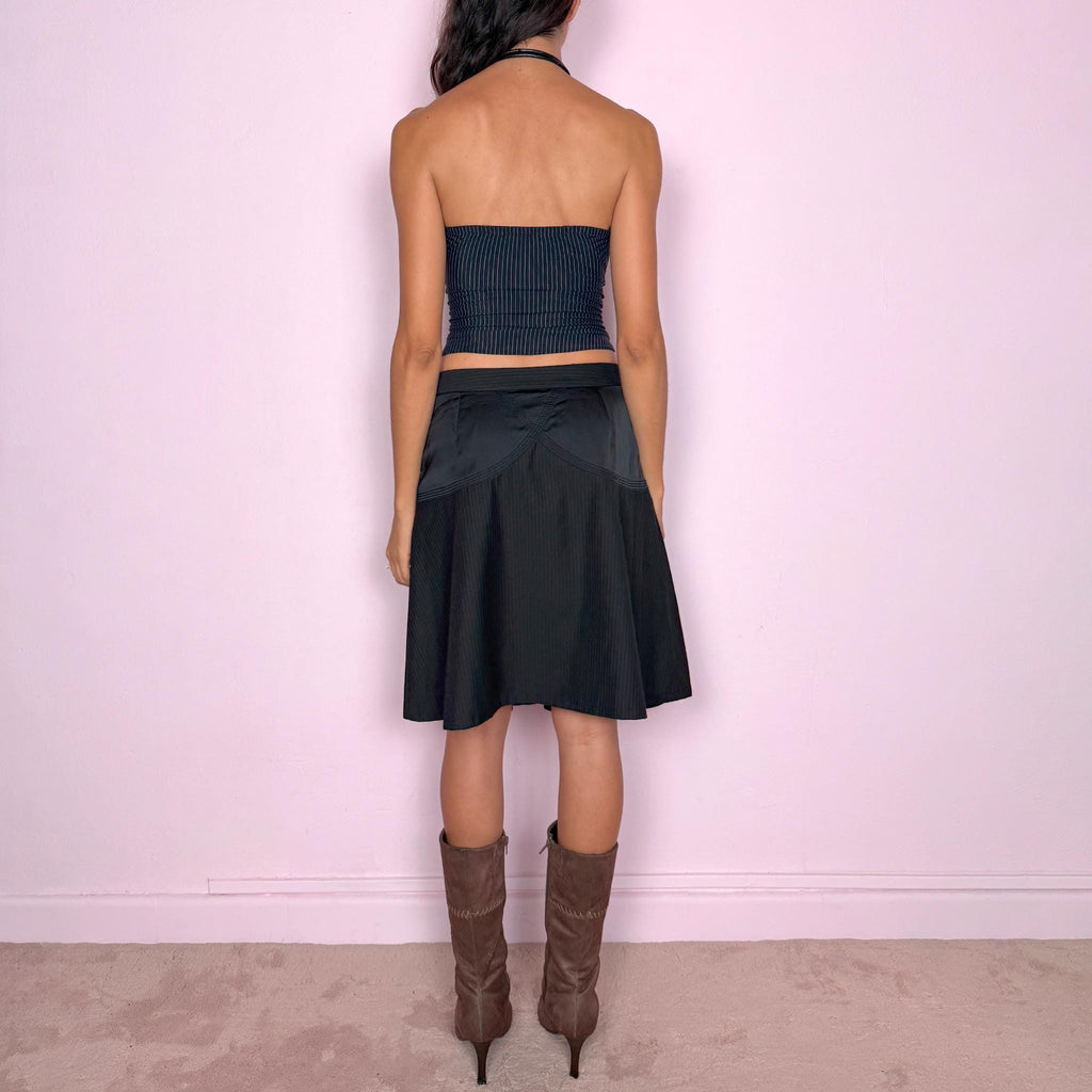Vintage Black Midi Skirt Pinstripe Draped Deconstructed Y2K 2000s Size S