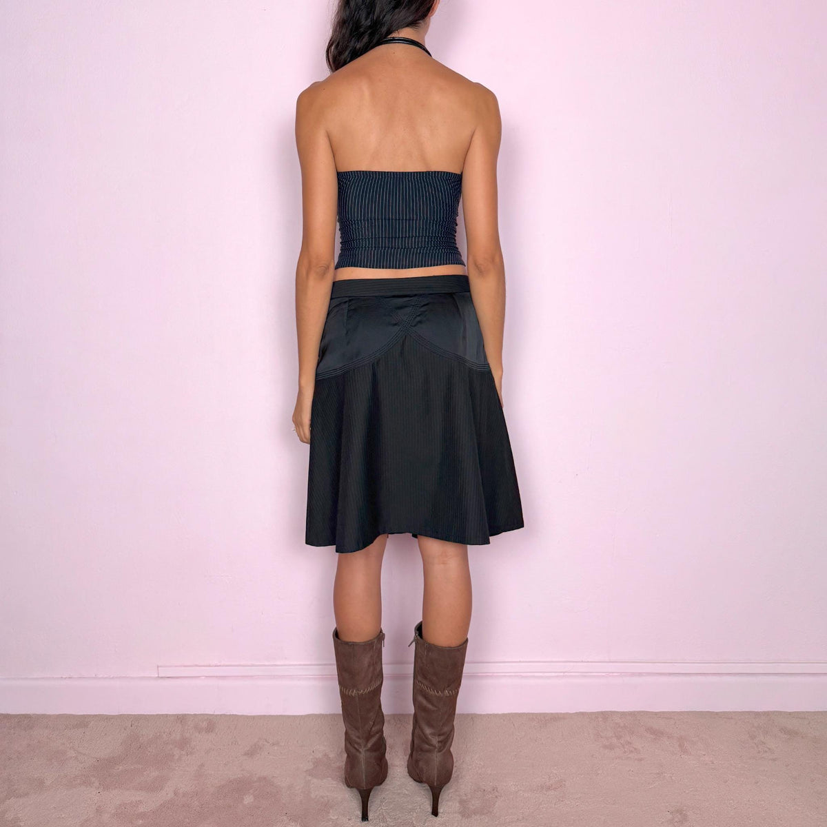Vintage Black Midi Skirt Pinstripe Draped Deconstructed Y2K 2000s Size S