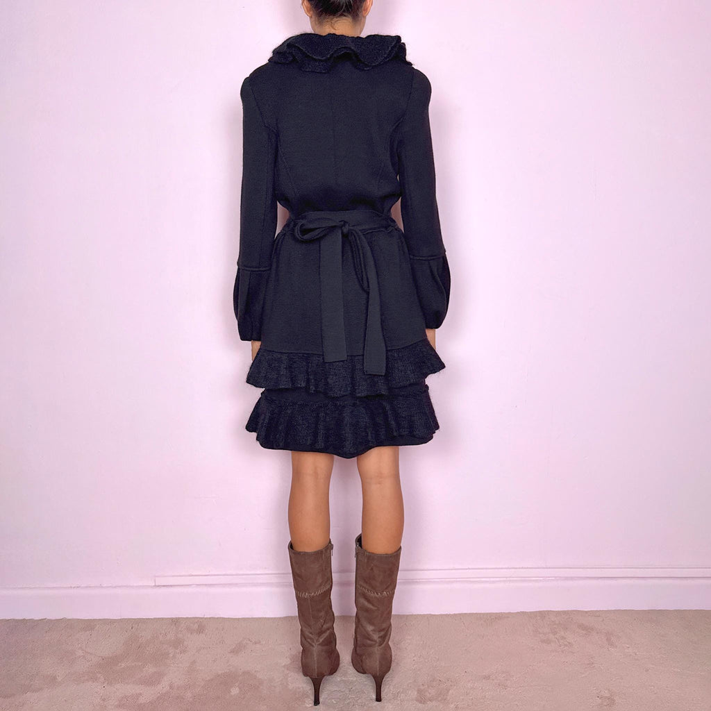 Vintage Wool Coat Black Mohair Ruffle Belted 90s Y2K 2000s Size S