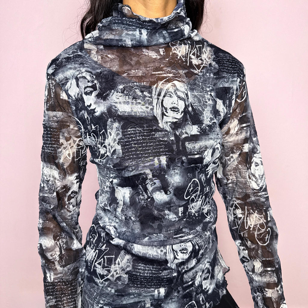 Vintage 2000s dark navy blue, gray and white semi-sheer long-sleeve mesh top with a fitted silhouette and soft rolled high neck. Features an all-over monochrome collage print with illustrated female faces, graffiti-style graphics and layered text. For dark avant-garde styling. From a French brand, made in France from stretchy polyester. Excellent vintage condition.