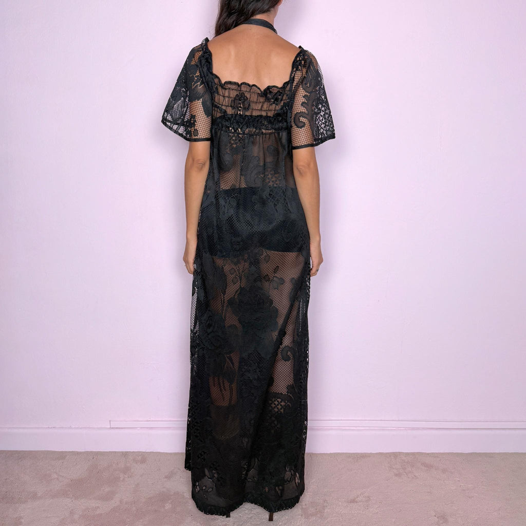 Vintage Maxi Dress Black Sheer Lace Lingerie 90s 2000s Size S