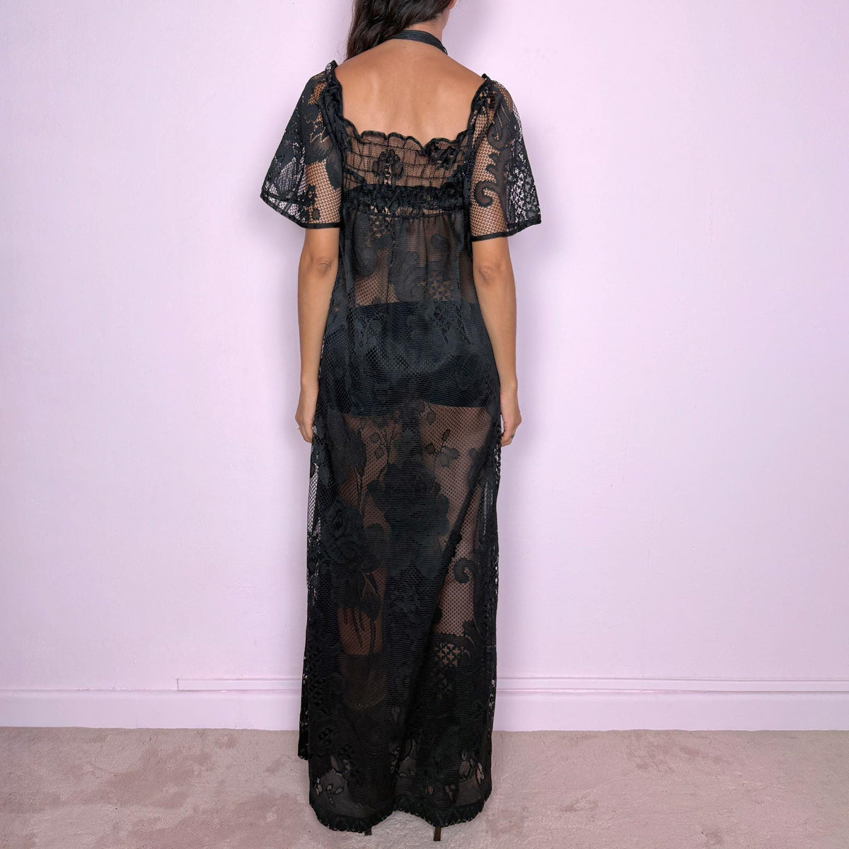 Vintage Maxi Dress Black Sheer Lace Lingerie 90s 2000s Size S