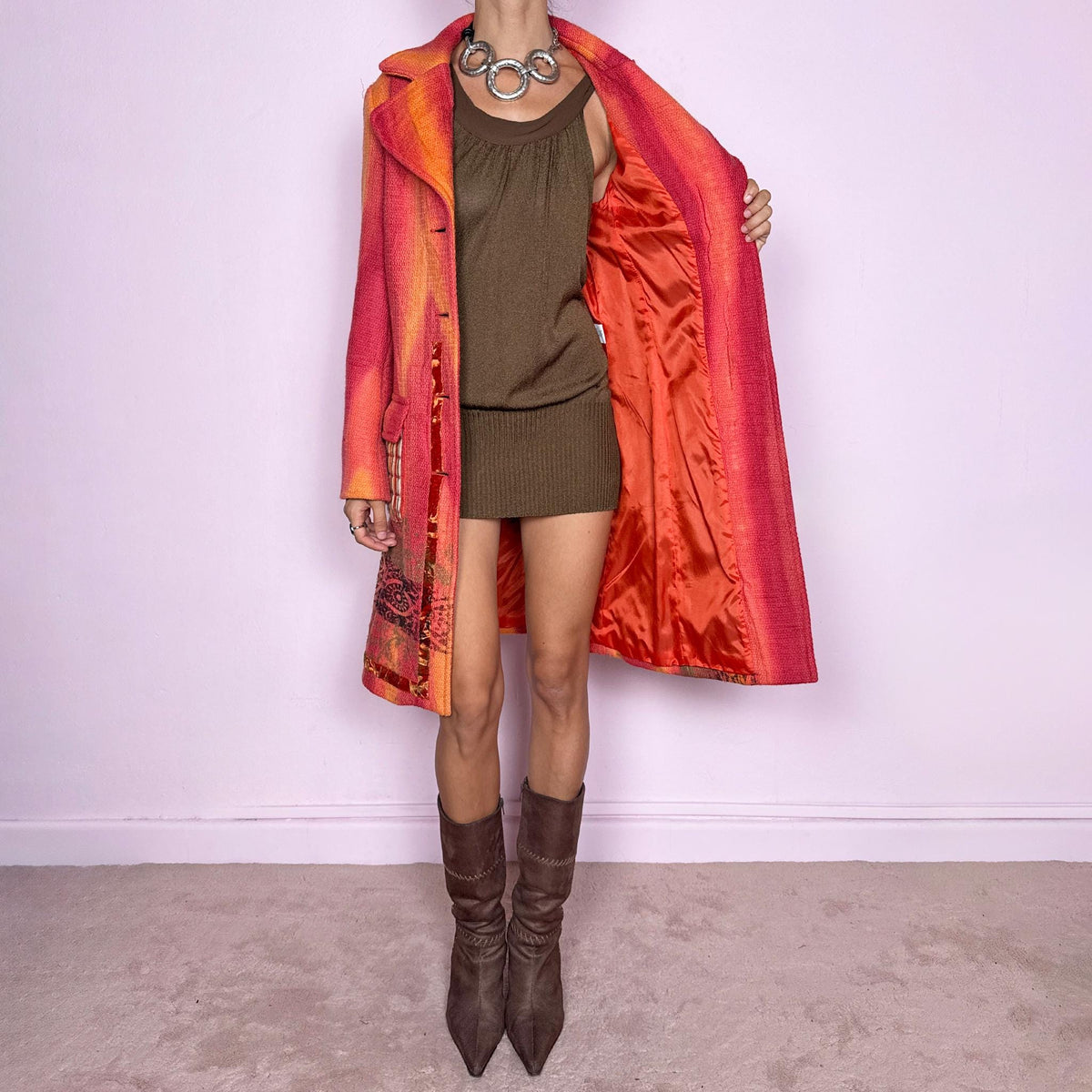 Vintage Wool Coat Save the Queen Red Orange Maximalist Y2K 2000s Size S