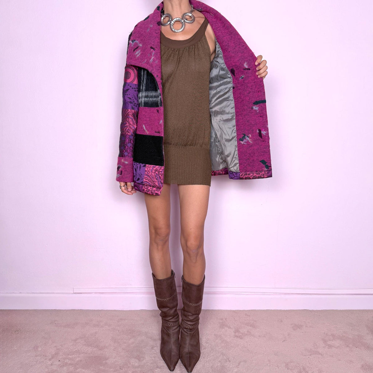 Vintage Wool Jacket Save the Queen Pink Purple Patchwork Y2K 2000s Size M
