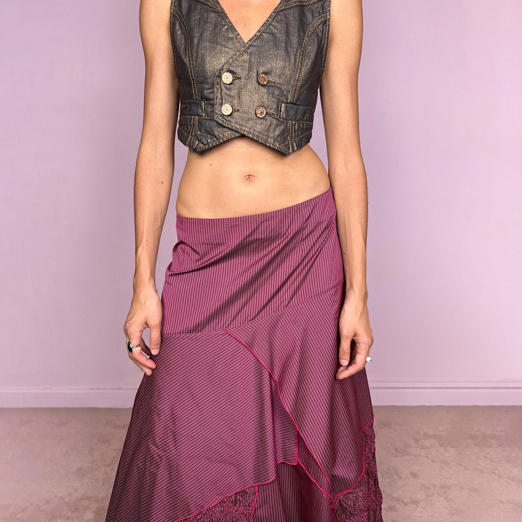 Vintage Maxi Skirt Burgundy Asymmetric Pinstripe Ruched Y2K 2000s Size L