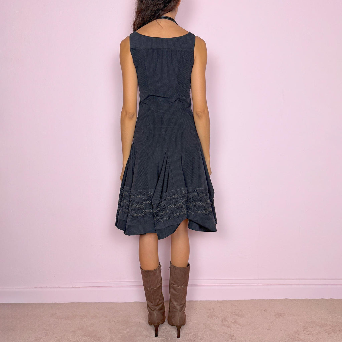 Vintage Black Midi Dress Girbaud Pinstripe Sculptural Y2K 2000s Size S
