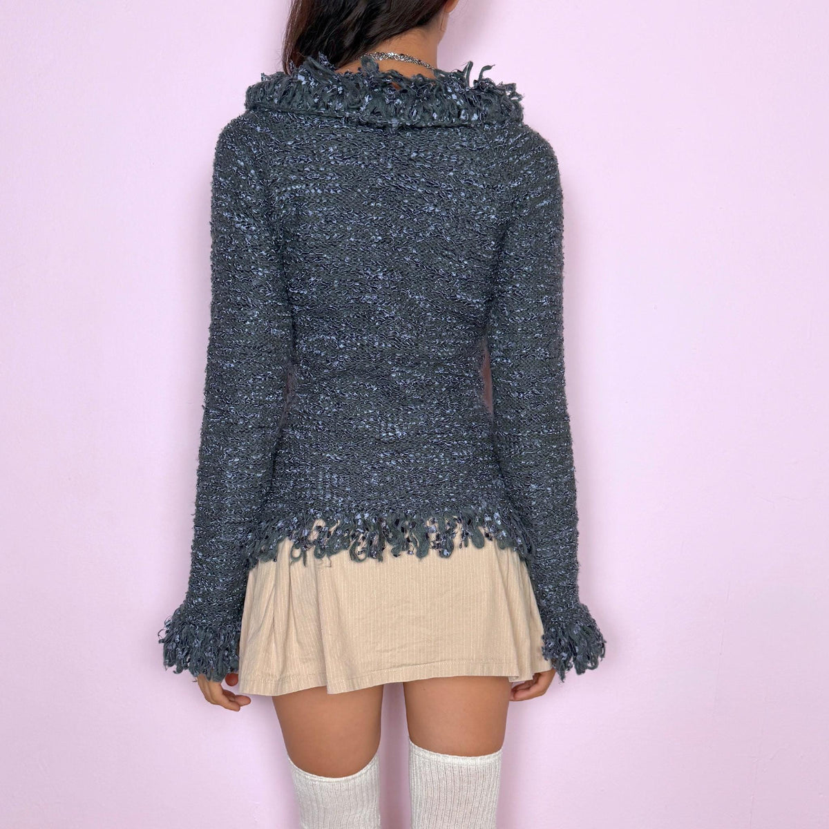 Vintage Gray Sweater Mohair Wrap V Neck Textured Y2K 2000s Size M