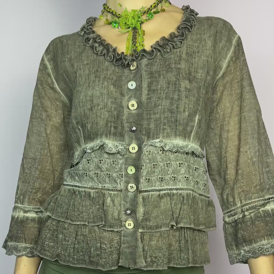 The Y2K Brown Ruffle Frill Blouse is a vintage 2000s piece featuring a faded brown wash with delicate lace trims and tiered ruffle details for a romantic, fairy-grunge aesthetic. Designed with a button-up front, 3/4 bell sleeves, this blouse blends cottagecore and bohemian elements effortlessly. The soft, lightweight fabric makes it perfect for dreamy summer outfits.