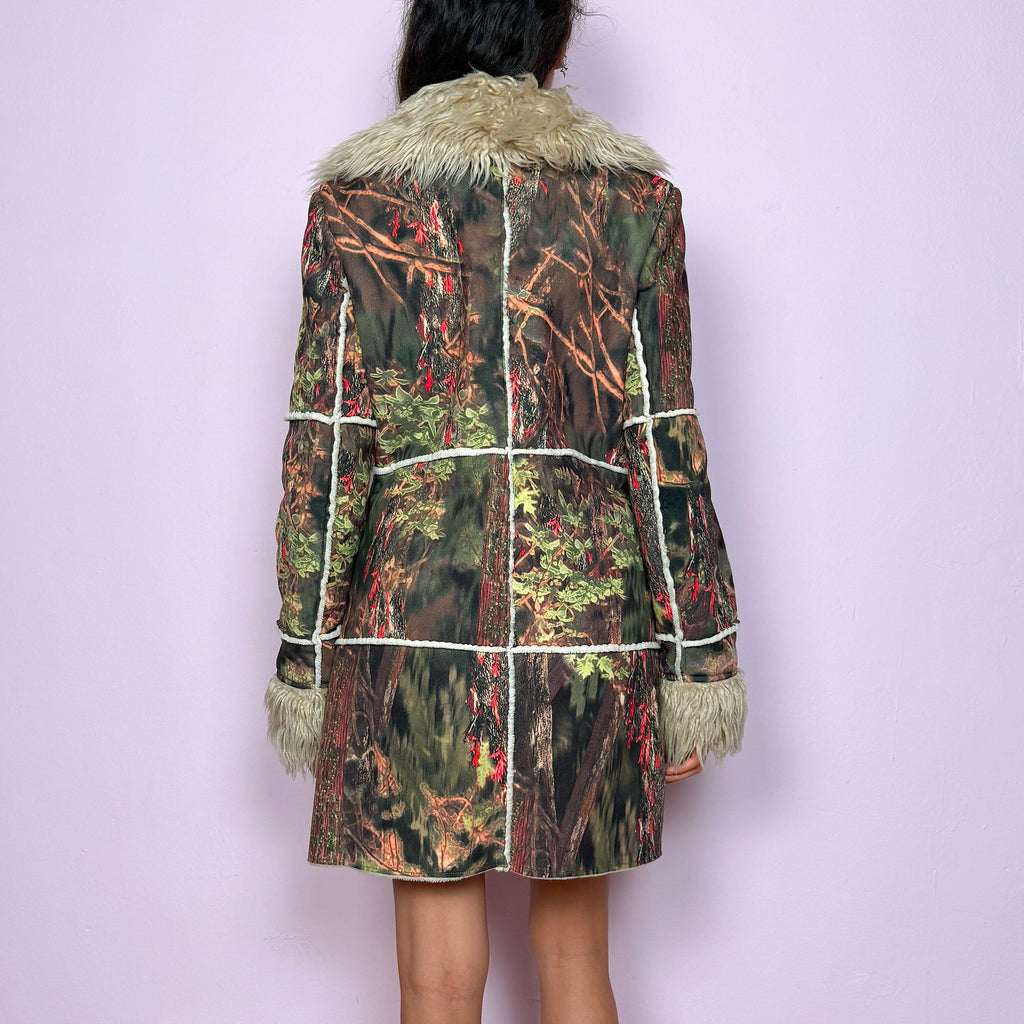 Vintage Green Forest Print Faux Fur Penny Lane Coat (M)